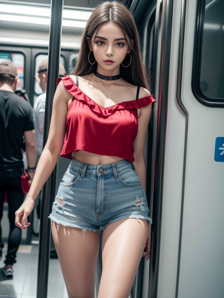 8k, Obra maestra, Foto RAW, La mejor calidad, detalle:1.2),fotorrealista, Fondos de pantalla CG unificados 8k extremadamente detallados, Profundidad de campo, cinematiclight, Destello de lente, Trazado de rayos, (cara extremadamente hermosa, labios hermosos, Hermosos ojos), Cara de detalle intrincado, ((Piel ultra detallada)) 1girll, A oscuras, sombra profunda, Bonita chica coreana, Kpop idol,(Cuerpo musculoso muy delgado y delgado:1.3), ((Ver el visor)),(gran sonrisa), (pantalones cortos cortos rojos blusa corta de seda medio trasparente), (red short shorts half transparent silk short blouse), (Bragas expuestas), (Injection cuff) , (Fondo en el metro), Bonita chica coreana, Pendientes, brazalete, collar, pantys, ojos claros, andante , (Pale skin), Cara hacia adelante, (ojos grandes), ((Disparos desde las rodillas para arriba del cuerpo:1.2)), NSFW, (red short shorts half transparent silk short blouse)