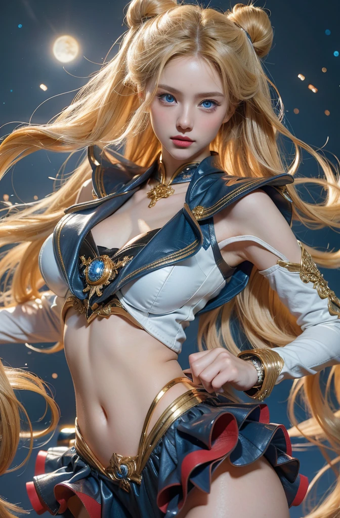 Beautiful girl with long blonde hair and a blue dress poses for a photo., Sailor Galactic, blue eyes, (Beautiful face details), intricate detailed, Sophisticated and luxurious leather outfit, Portrait of a female man, very high details, Realistic photos, 8k, UHD, hyperdetailed,