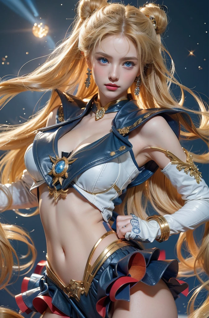 Beautiful girl with long blonde hair and a blue dress poses for a photo., Sailor Galactic, blue eyes, (Beautiful face details), intricate detailed, Sophisticated and luxurious leather outfit, Portrait of a female man, very high details, Realistic photos, 8k, UHD, hyperdetailed,
