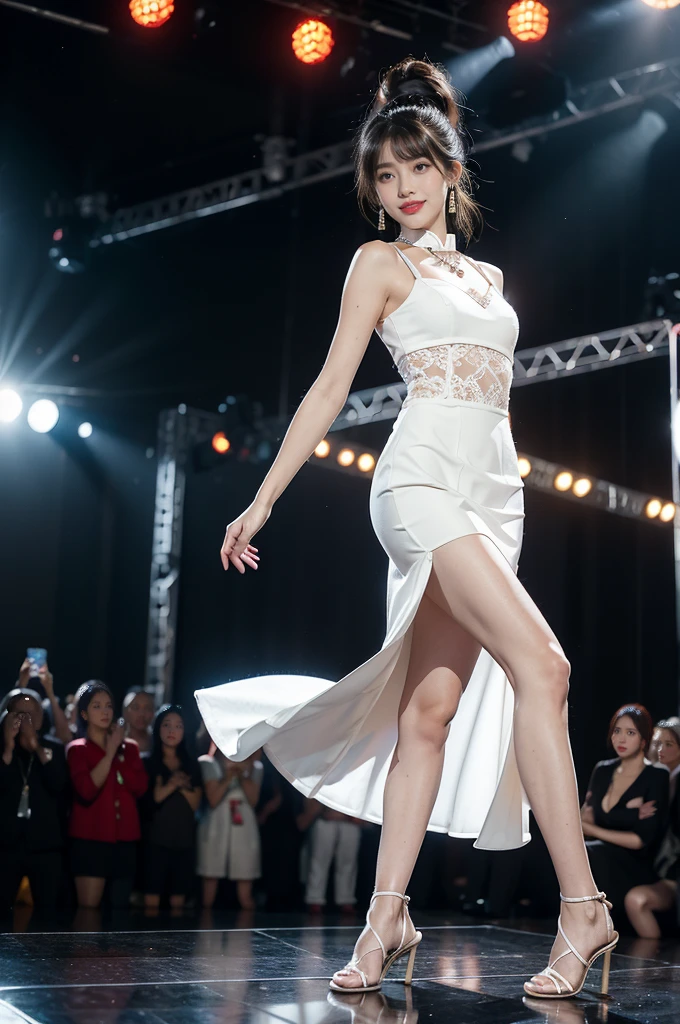 1girl,bangs,bare arms,collar,maxi white lace cheongsam,detailed background,brown eyes,brown hair,earrings,necklace,full body,jewelry,flat chest,ponytail,looking at viewer,makeup,night scene,red lips,signature,smile,solo,standing,thighs,slender legs,high heels,On the T-stage,catwalk,fashion show,Surrounded by crowded crowds on both sides of the stage,neon lights