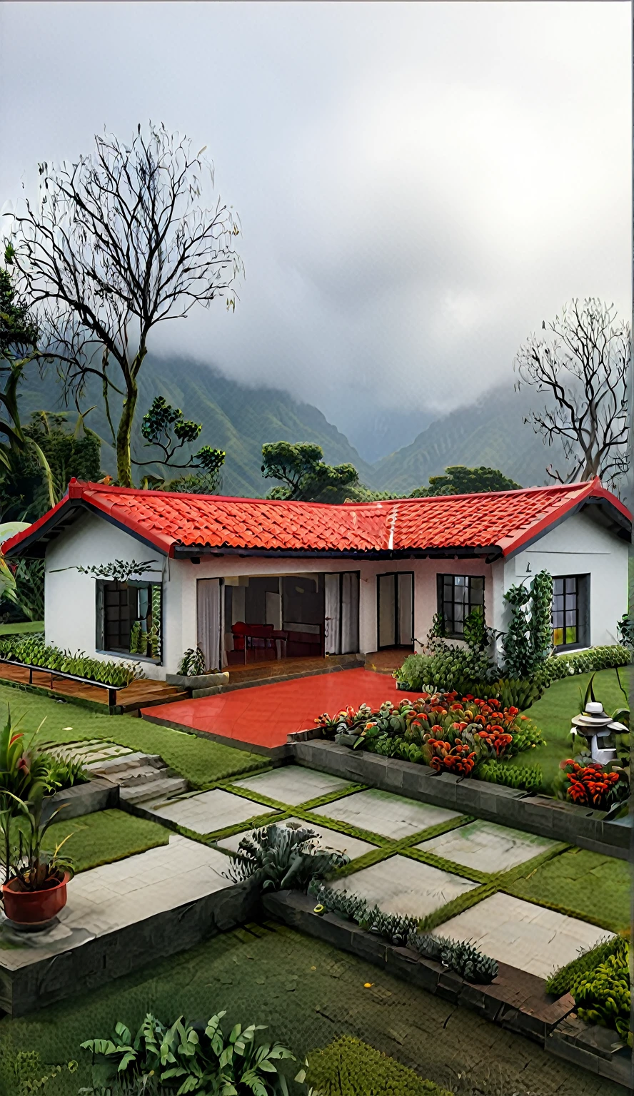 there is a small white house with a red roof and a garden, outside view, on a cloudy day, beatiful house, integrated in the mountains, exterior view, colonial house in background, ( visually stunning, by Randy Post, neo - andean architecture, neo-andean architecture, cottage, amidst of nature fully covered, outstanding detail, frontview