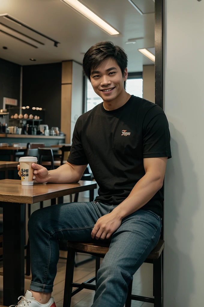 full body, handsome Asian guy aged 23. cool hair, smiling slightly, wearing a t-shirt, wearing black jeans, wearing sneakers, sitting leaning against the glass in the cafe. cinematic color saturation. 8k HD quality. Realistic Japanese anime style