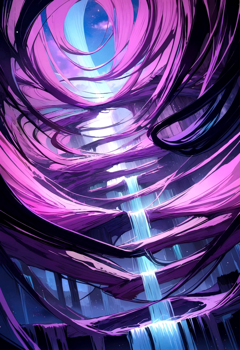A waterfall cascades down into a swirling neon sky, Defying Gravity.
