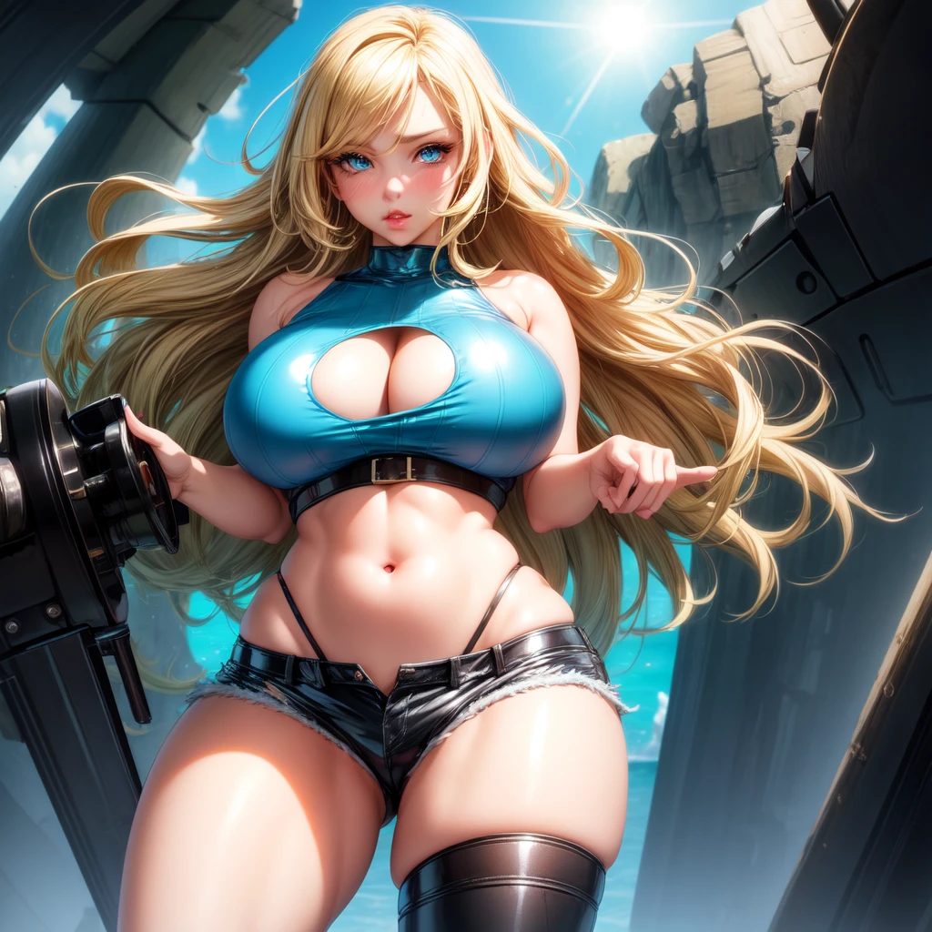 1 girl, solo, Big breasts, curvy, realistic, blonde hair, green and blue eyes, amazing big eyes, eye details, eyebrow details, big lips, blush, confident, dominant, bdsm, HD, good quality, crop top, shorts latex, abive angle, looking at camera, erotic