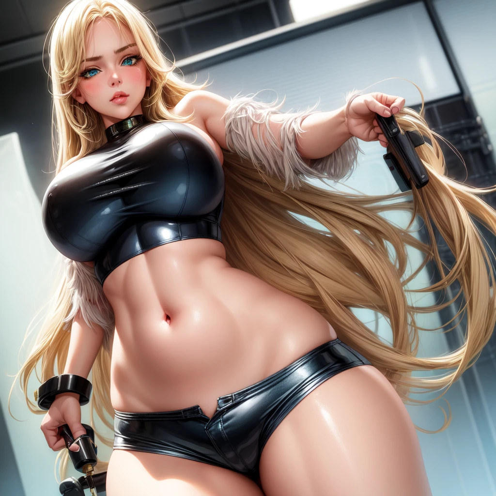 1 girl, solo, Big breasts, curvy, realistic, blonde hair, green and blue eyes, amazing big eyes, eye details, eyebrow details, big lips, blush, confident, dominant, bdsm, HD, good quality, crop top, shorts latex, abive angle, looking at camera, erotic