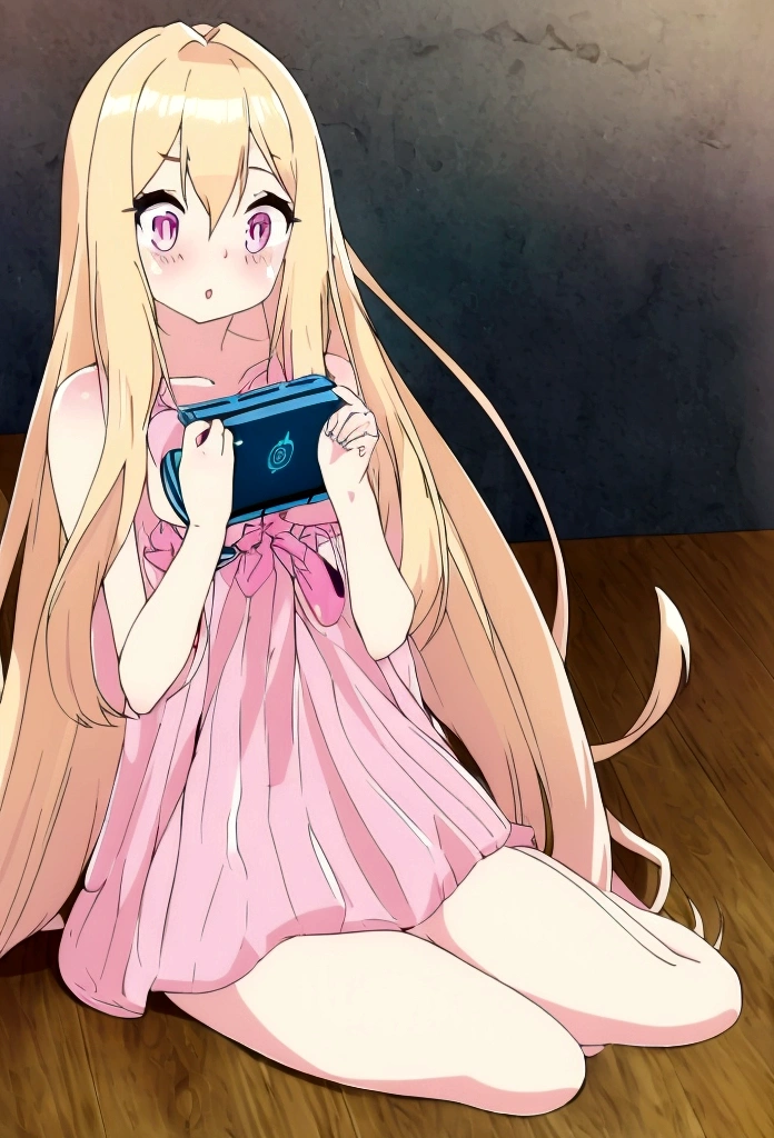 A beautiful detailed girl with long flowing light blonde hair, pink eyes, rosy cheeks, wearing a blue and white striped bikini, making a cute "W" sitting pose, with a silly expression, neko style, playing a video game