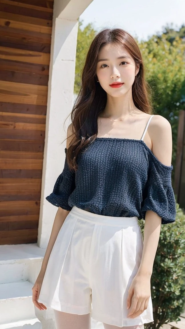 (Top quality, 8K, masterpiece:1.3)), 16K,A beautiful girl,Oval face,Gentle and lovely,sweet smile,((full-body shot:1.5))Standing posture,Look directly into the camera,White, Inner Strength, formal,White pantyhose, long hair,Long hair on shoulders,Clear big eyes,Moisturizing red lips,Sweet,Blue sky白云,Blue sky,permanent