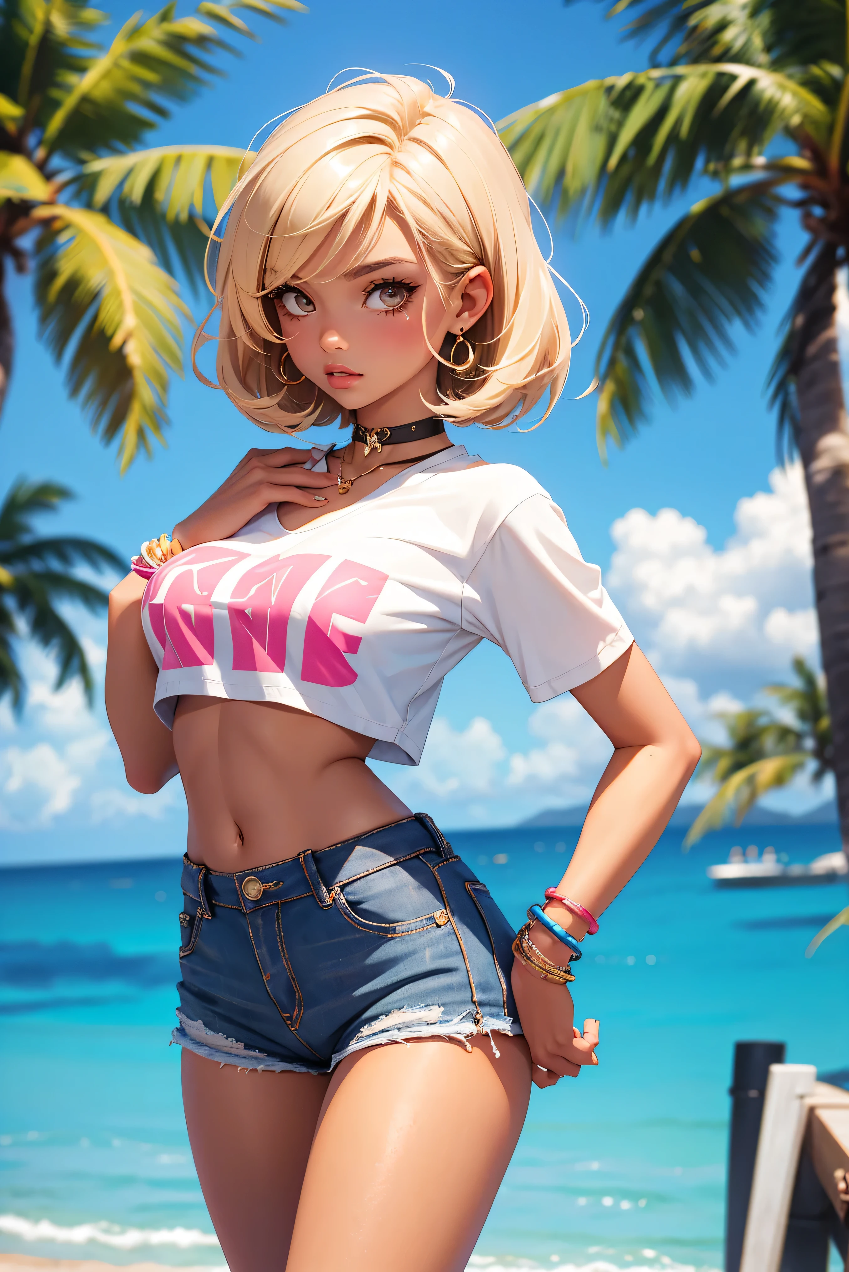 Teenage girl-model 18 years old, beautiful, tanned, blonde, bob hair, bangs, brown eyes, beautiful figure, girl wearing crop shirt and too short mini shorts, beautiful long legs, slave bracelets, slave choker, manicure, cute makeup, flirtatiously posing, hot summer, hot flirty, sexy posing, summer outfit, top quality, higest quality, pin-up style, retro 80s style, Daisy Dukes style, Miami vibes,