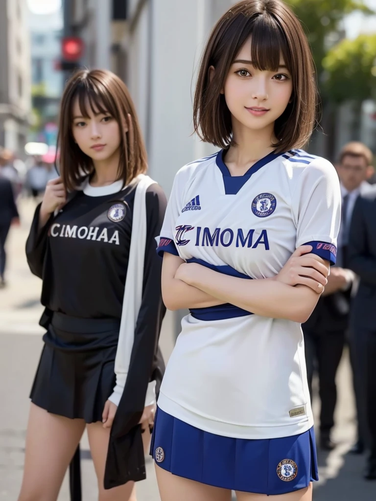 (8k, RAW Photos, Highest quality, masterpiece:1.2), (Realistic, photo-Realistic:1.4), (Highly detailed 8K wallpapers), ((Full Body Shot)), (1 girl), Sharp focus, Depth of written boundary, Cinematic lighting, Soft Light, 緻密な美しさのeye, eye_Chan, Very beautiful girl, innocent big eyes, Realistic, photo Realistic, Highly detailed cute girl, (Thin thighs), (Model Body Type), 18-year-old, (((Chelsea Soccer Jersey))), ((Micro Mini Tight Skirt)), (((Fold your arms in front of your chest and act arrogantly))), ((A happy smile)), Parted lips, Watching the audience, (On the streets of Britain) , (Brown Hair),(Short Bob Hair), (Asymmetrical bangs)