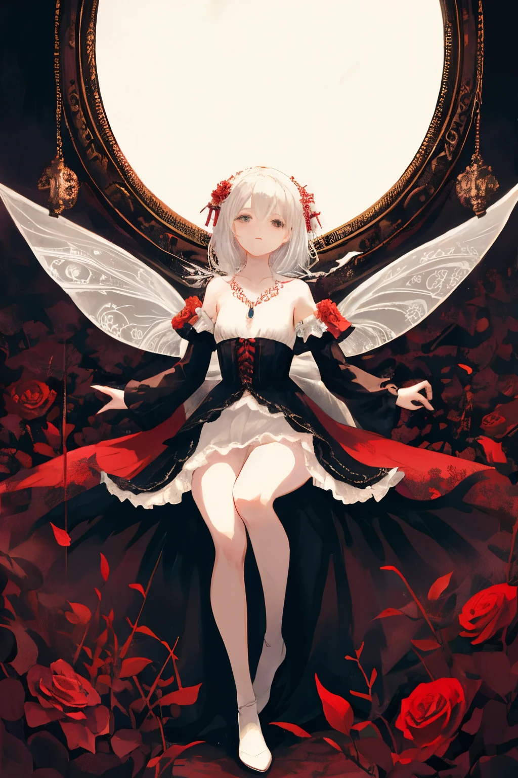 ((best quality)), ((masterpiece)), (detailed), 1girl, Character design, female, dynamic poses, long white grey hair, grey white eyes, very skinny, detailed, best quality, no accesoires around the neck, no shoes, prominent collarbones, skinny arms, flat stomach, visible hip bones, full body, blank white background, plain background, white background, red and white clothing, Bloodborne inspired, occult aesthetic, occult, detailed and intricate steampunk and detailed gothic, NSFW, Very dramatic and cinematic lighting, cosmic horror, grim-dark, side-lighting, perfect face, NSFW, Fluttering lace flared long knee length dress with frilly petticoats, knee length dress, pleated petticoats, petticoats gothic, complex lace boots, side-lighting, gothic aesthetic, wielding a mighty sword with mechanical components, mandalas, small breasts, a fairy, various different types of insect wings, NSFW, full body, whole body, body, plain background, white background, blank background, no background, white background NSFW, chains, full body, whole body, head-to-toe NSFW