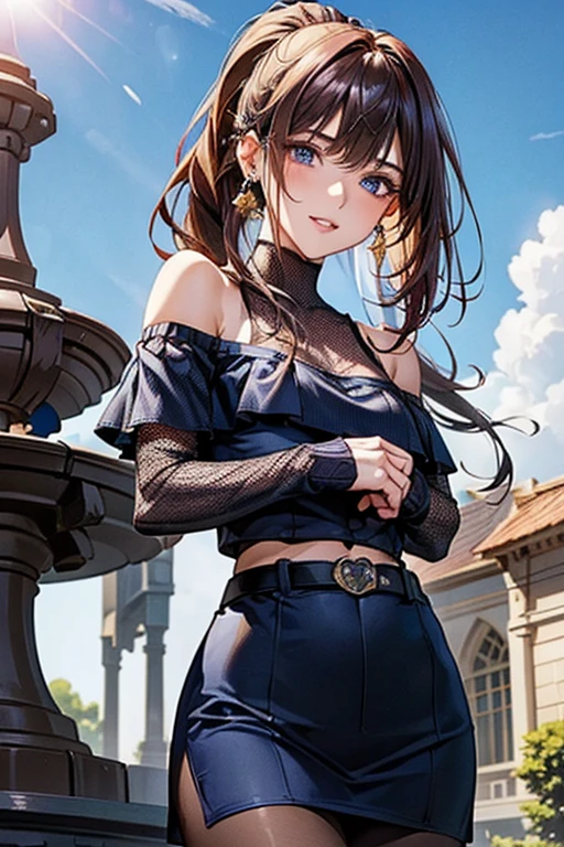 #Basics A girl is posing for a photo, animeのかわいい女の子, (((One Girl, Baby Face, 16 years old))),
BREAK
#Clothing Accessories
((Navy blue high neck mesh top&Navy blue off-shoulder:1.4), White pencil tight skirt:1.4 + Big gold belt:1.4, Black Pantyhose + Black High Heels),
(big silver necklace, Silver hoop earrings),
BREAK
#Features
(Matte pink hair:1.4, Deco bangs:1.4, Chest-length sideburns, ponytail : Hair fluttering in the wind + Very long hair + Curly, voluminous hair that spreads out to the sides),
(Droopy eyes,blue eyes), (Small breasts),
BREAK
#expression
(smug face, Wicked Smile),
#background environment
((noon, Sunshine + garden + fountain + Plants)),
#composition
(Turning your body to the viewer:1.4, from below:1.4, Aggressive Pose, Cowboy Shot:1.4),
BREAK
#Body parts elements
(Beautiful Hair,Shiny Hair),
(double eyelid, Long eyelashes),
(Expression of fine eyes, Beautiful and delicate eyes, Sparkling eyes, Eye Reflexes),
(Human Ear),
(Beautiful Nose, Thin Nose),
(Glossy lips, Beautiful Lips, Thick lips), (Symmetrical facial features),
(Detailed skin, Textured skin, Beautiful Skin),
BREAK
#Quality
(((Highest quality)), ((masterpiece)), ((Very detailed))), ((High resolution), (16k,1080p)),
(Realistic), (Anatomically correct),
((comics, anime)), (3DCG), CG illustration,