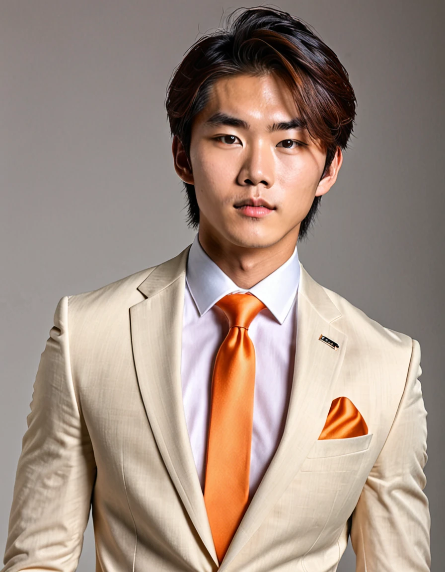 ((mejor calidad)), ((obra maestra)), (detallado), cara perfecta, asian boy, lindo, good lighting, traje color naranja, completo, corbata blanca, nariz perfecta, labios gruesos, pelo largo, muscles