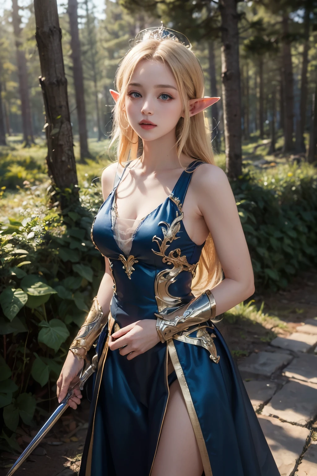 Elf,(8k, RAW Photos, highest quality, masterpiece:1.2),Super detailed,blonde,blue eyes,RPG,princess,battledress,moving,in forest