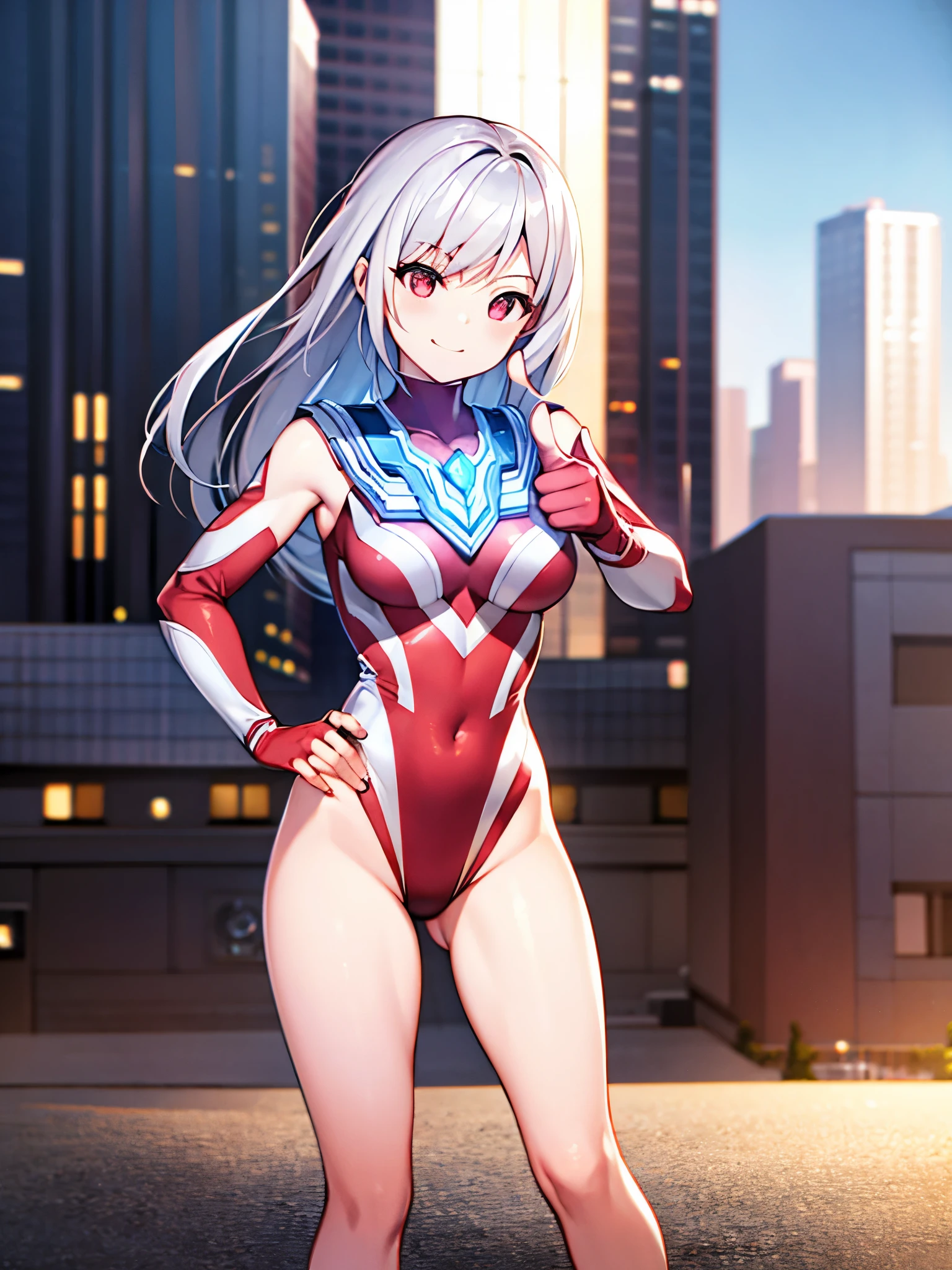 extremely detailed CG unreal engine 8k, best quality, (detailed fingers, detailed hands, detailed face), all intricate, 1girl, beautiful detailed girl, (ultragirl :1.0), ultraman bodysuit, (leotard, bare legs), upper body, smile, thumbs up, stylish posing, hand on hip, standing, detailed buildings behind, outside (power, aura, red aura) 