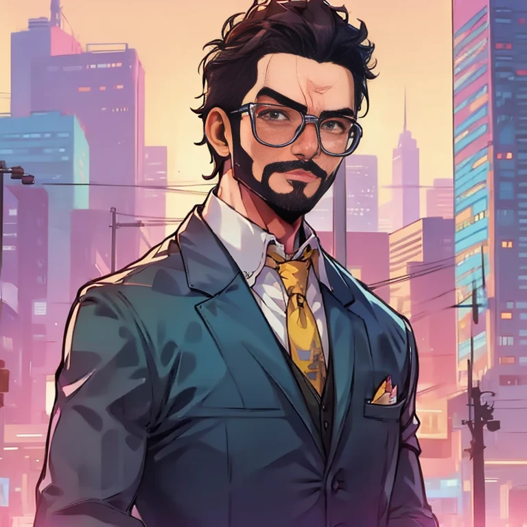 Men with square glasses in suit, in city,colorful sky,