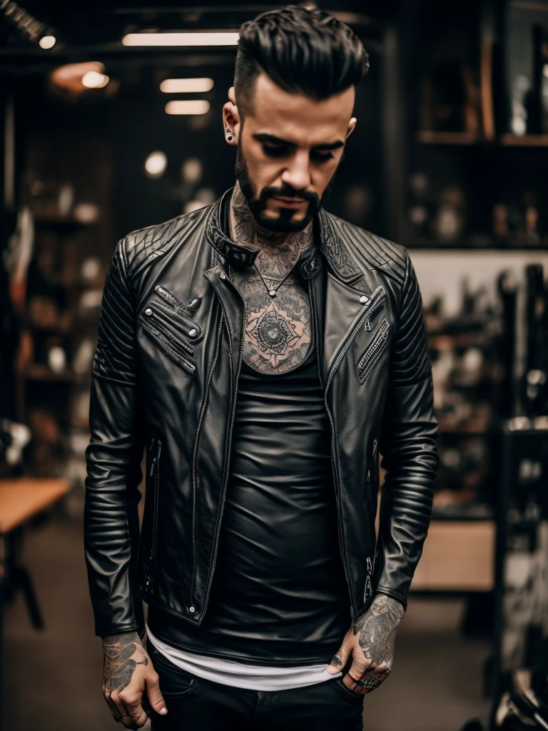 Man, 30 old, leather jacket and black T-short, tattoos , with a bat in his hands, flame
