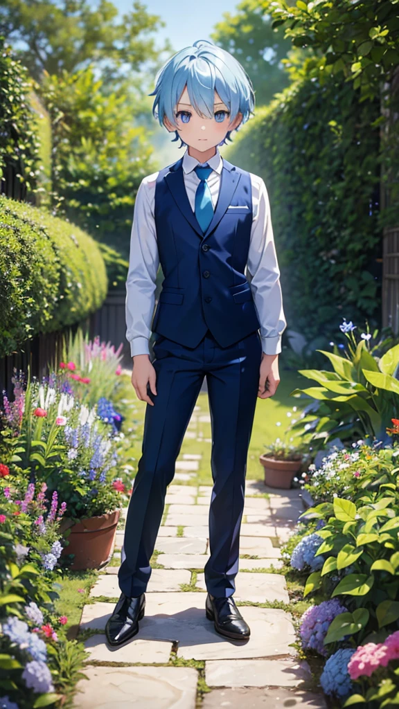 Little boy with hair, light Blue hair, skin, blue eyes, suit, blue tie, dark pants, In the garden