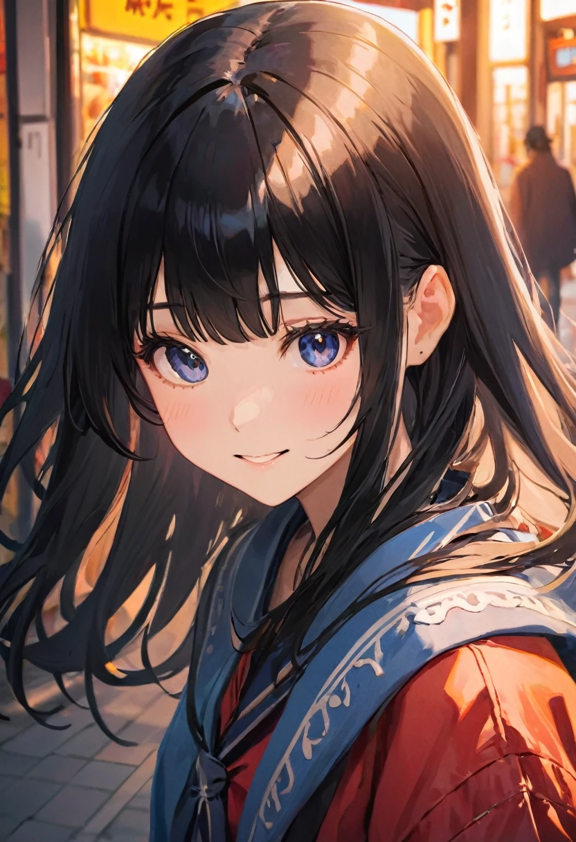 cowboy shot, (masterpiece, best quality:1.6), cute eyes, beautiful eyes, ultra detailed face, beautiful face, raw photo, incredibly absurdres, backlighting, highres, sharp focus, highest detailed,
BREAK 1girl, long hair, black hair, straight hair, blunt bangs, warm smile, leaning forward,
BREAK (harajuku fashion),
BREAK from above, look at viewer,