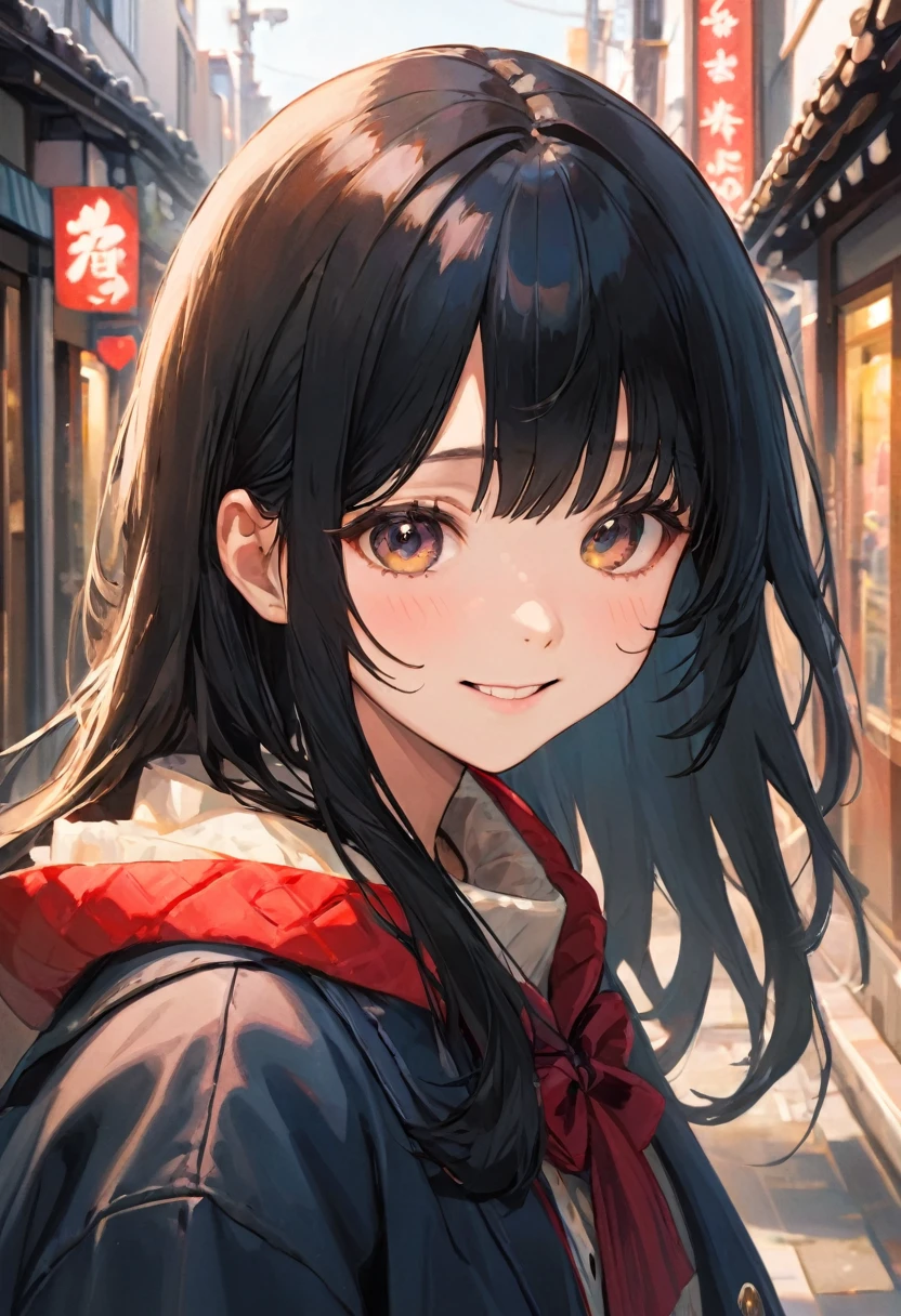 cowboy shot, (masterpiece, best quality:1.6), cute eyes, beautiful eyes, ultra detailed face, beautiful face, raw photo, incredibly absurdres, backlighting, highres, sharp focus, highest detailed,
BREAK 1girl, long hair, black hair, straight hair, blunt bangs, warm smile, leaning forward,
BREAK (harajuku fashion),
BREAK from above, look at viewer,
