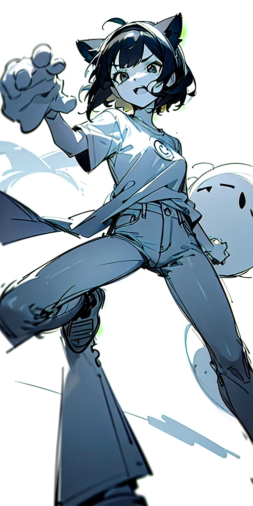 Big cat ears headband ,White simple t-shirt, Simple jeans,(((Dynamic pose))),((Open mouth expression)) , ((masterpiece)),(((Highest quality))),((((sketch)))),((Monochrome)),(Character design sheet), same characters, front, ~ side, return), figure, 1 girl, hair color, bangs, Short Hair, eye, Environmental change scene, Hairstyle Fax, Pose Jitai, woman, Shirt Chansey, star, Shartan Betalora, (simple returnground, white returnground: 1.3), --6