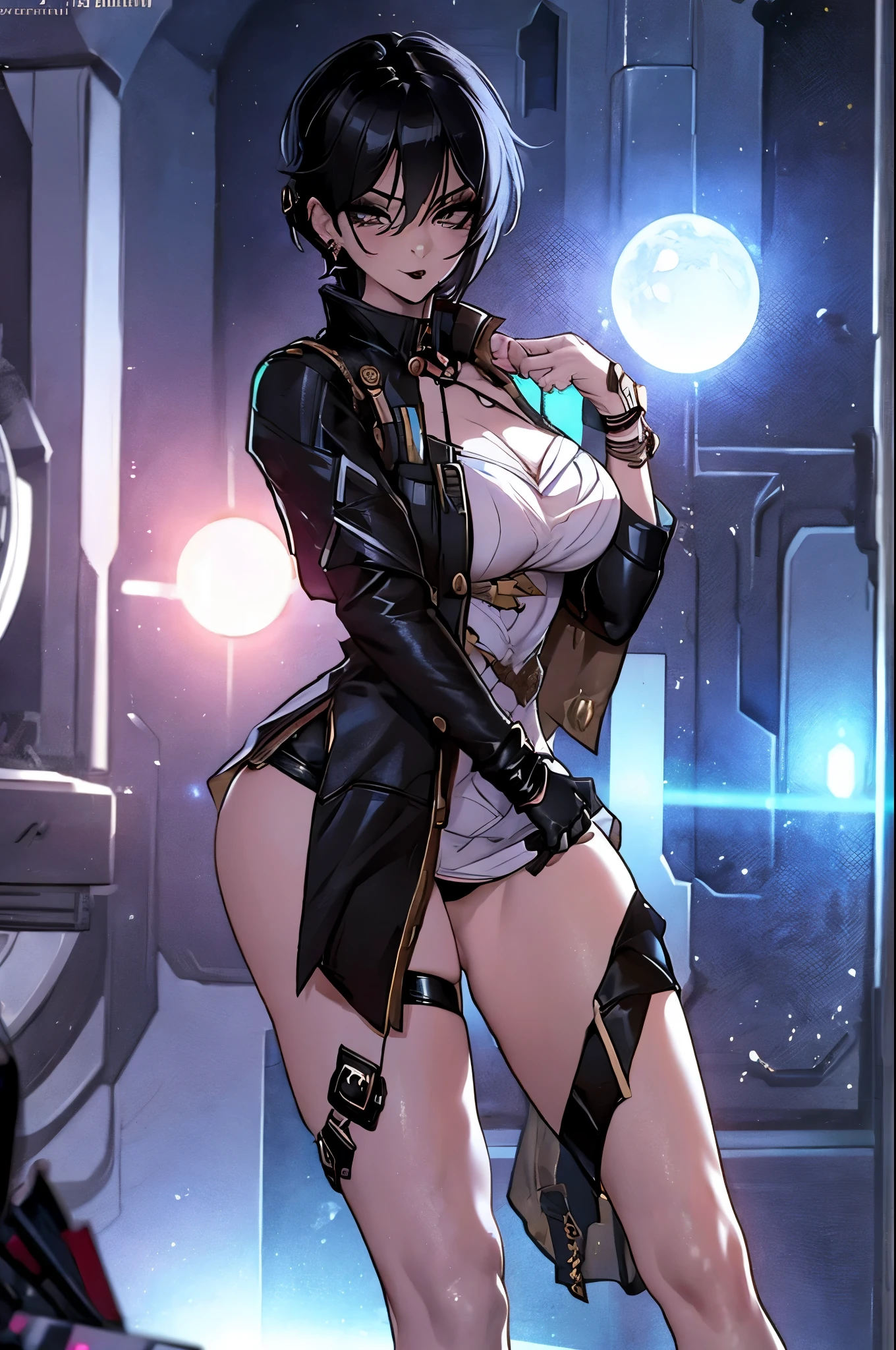 sexy girl, black lipstick, short hair, black stockings, thick ass, clothes, solo, cyberpunk, cyberpunk style, clothes in cyberpunk style. Fully dressed
