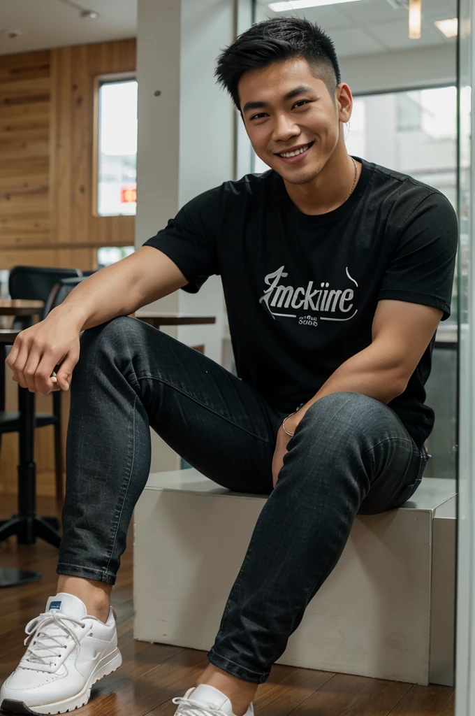 full body, handsome Asian guy aged 23. cool hair, smiling slightly, wearing a t-shirt, wearing black jeans, wearing sneakers, sitting leaning against the glass in the cafe. cinematic color saturation. 8k HD quality. Realistic.