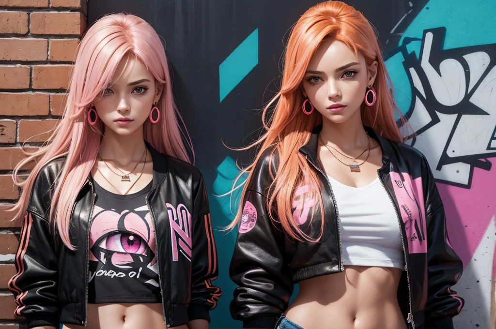 (masterpiece, Best quality, 1 girl, One, complex parts, Chromatic aberration), realistic, ((average breathing)),long hair, orange hair, Decoration on the head, pink highlights, hair over one eye, Earrings, keen eyes, necklace, neon shirt, Open jacket, crop top, (eye symmetry),(perfect symmetrical body),near the wall, Brick wall, graffiti, dim lighting, lane ,look at the viewer