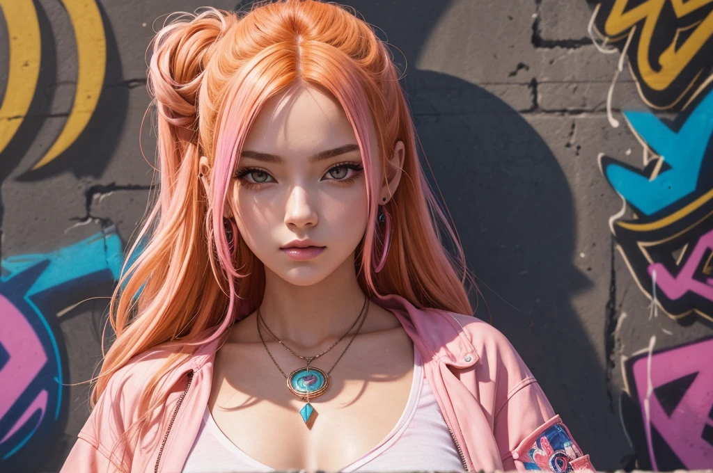 (masterpiece, Best quality, 1 girl, One, complex parts, Chromatic aberration), realistic, ((average breathing)),long hair, orange hair, Decoration on the head, pink highlights, hair over one eye, Earrings, keen eyes, necklace, neon shirt, Open jacket, crop top, (eye symmetry),(perfect symmetrical body),near the wall, Brick wall, graffiti, dim lighting, lane ,look at the viewer