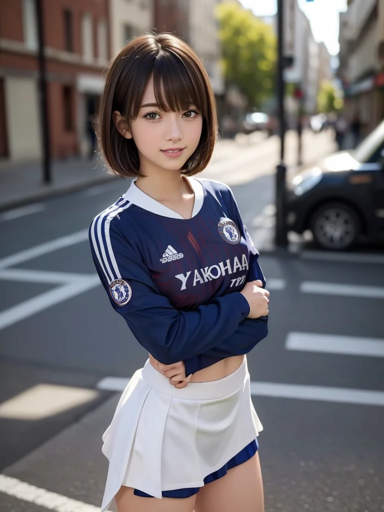 (8k, RAW Photos, Highest quality, masterpiece:1.2), (Realistic, photo-Realistic:1.4), (Highly detailed 8K wallpapers), ((Full Body Shot)), (1 girl), Sharp focus, Depth of written boundary, Cinematic lighting, Soft Light, 緻密な美しさのeye, eye_Chan, Very beautiful girl, innocent big eyes, Realistic, photo Realistic, Highly detailed cute girl, (Thin thighs), (Model Body Type), 18-year-old, (((Chelsea Soccer Jersey))), ((Micro Mini Tight Skirt)), (((Fold your arms in front of your chest and act arrogantly))), ((A happy smile)), Parted lips, Watching the audience, (On the streets of Britain) , (Brown Hair),(Short Bob Hair), (Asymmetrical bangs)