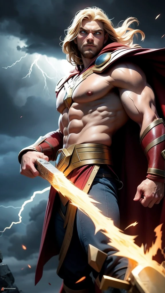 a powerful muscular man,thor,god of thunder,blond hair,blue eyes,red cape,mjolnir,asgardian,lightning,storm clouds,dramatic lighting,cinematic lighting,dramatic pose,heroic,epic,fantasy,digital art,highly detailed,photorealistic,8k,best quality
