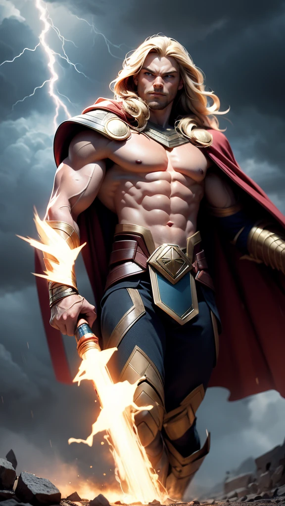 a powerful muscular man,thor,god of thunder,blond hair,blue eyes,red cape,mjolnir,asgardian,lightning,storm clouds,dramatic lighting,cinematic lighting,dramatic pose,heroic,epic,fantasy,digital art,highly detailed,photorealistic,8k,best quality