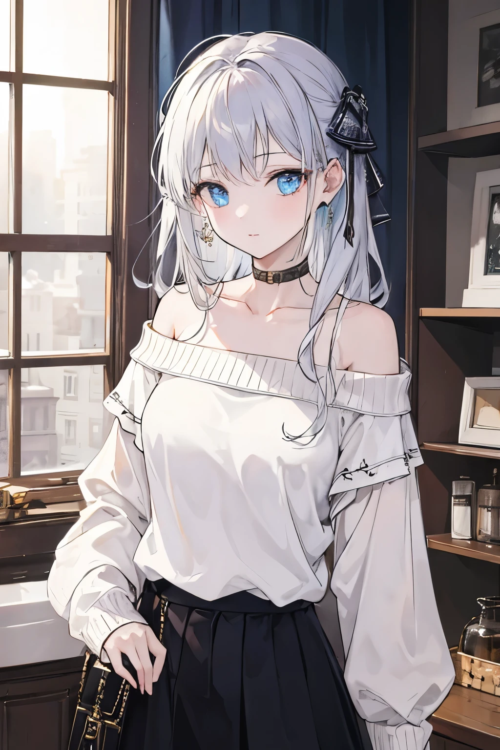 ((best quality)), ((masterpiece)), (detailed), 1 Girl, Off-shoulder sweater, 