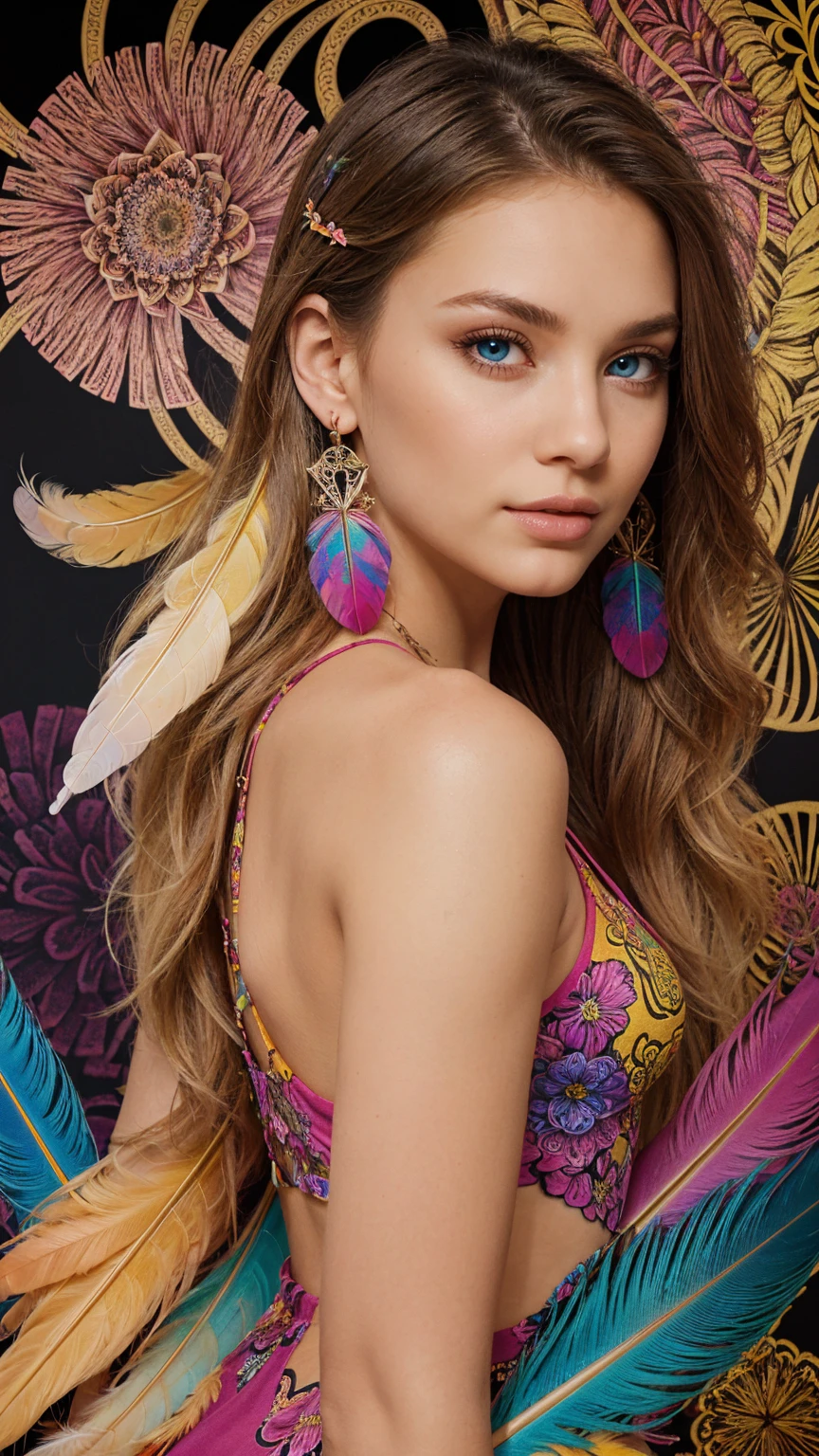 (official art, beautiful and aesthetic:1.2), (1girl:1.3),(fractal art:1.1),(colorful:1.1)(flowers:1.3),highest detailed,(zentangle:1.2), full body, (abstract background:1.3), (shiny skin), (many colors:1.4), ,(earrings), (feathers:1.5),, blonde, blue eyes