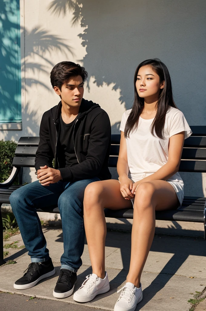 A guy sitting on a bench with a girl only her shadow
