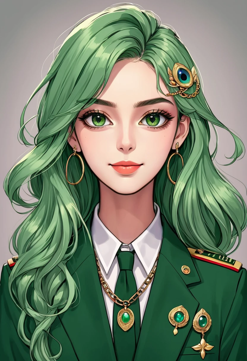 (Digital Illustration,Detailed anime style girl portrait,Solitary,symmetry),(Big colorful eyes,Fashionable and exquisite facial features,Exquisite makeup,Smile,Soulful gaze,),(Green long hair-weaving,Beautiful hairstyle,Hairpin),(Suit,Epaulettes-Chain,cool,),Clean and simple background