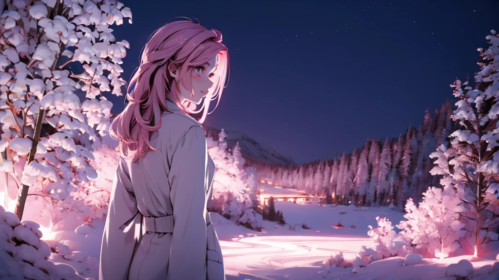 1 girl, medium light pink hair, light pink eyes, wearing white suit, night city, absurdres, high res, ultrasharp, 8K, masterpiece, looking from behind
