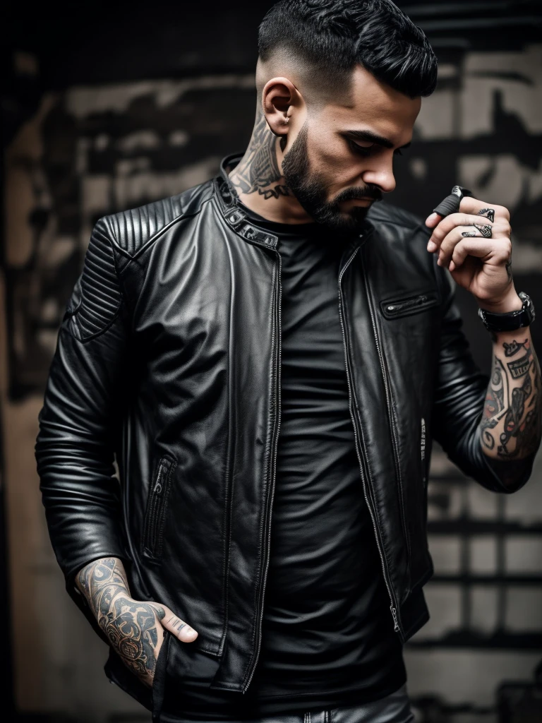 Man, 30 old, leather jacket and black T-short, tattoos , with a bat in his hands, flame 