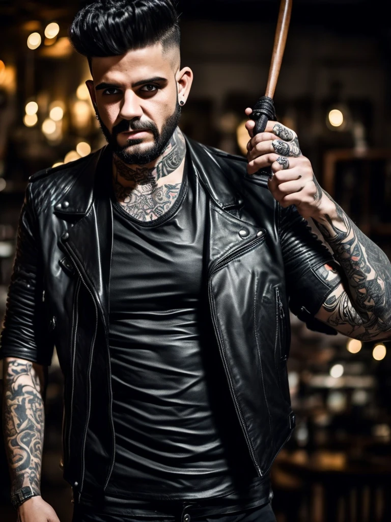 Man, 30 old, leather jacket and black T-short, tattoos , with a bat in his hands, flame
