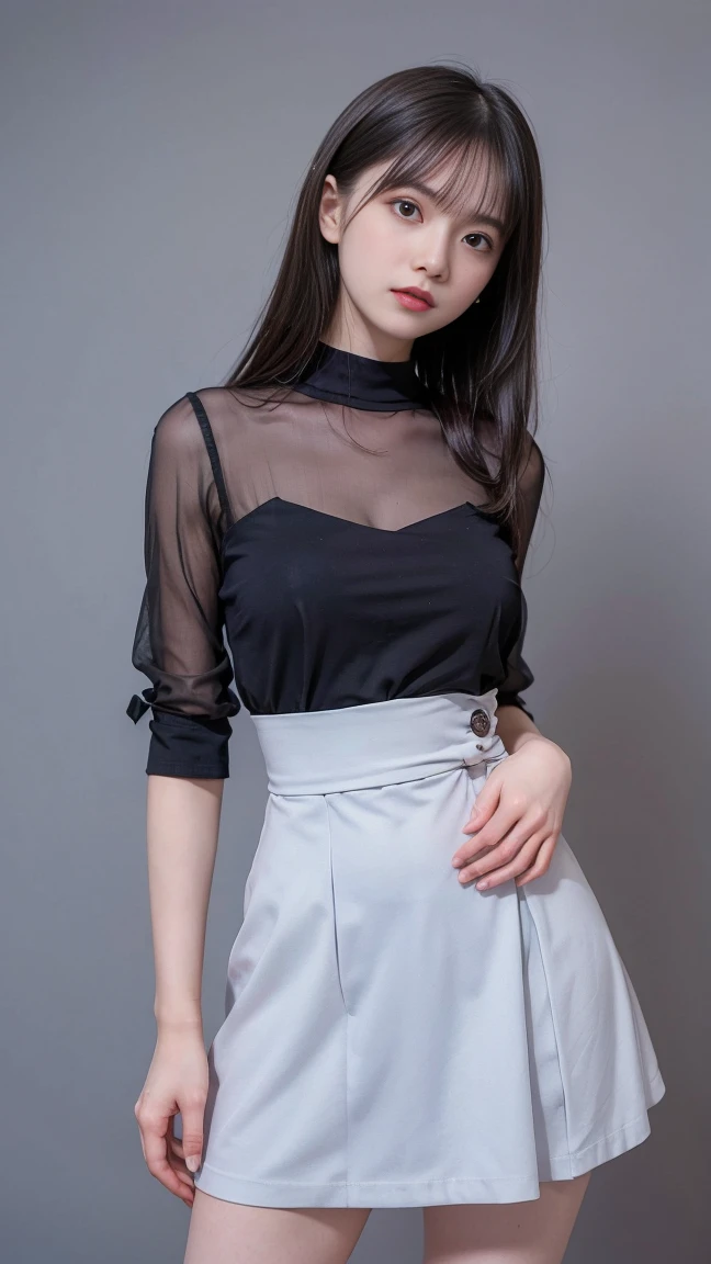 Highest quality,masterpiece,Ultra-high resolution,Original photo,Ultra-high resolution，Beautiful woman, 25 years old, long legs:1.5，high waist，whole body，whole body，Gray background，whole bodyポートレート、Lift up your mini skirt、Costumes that reveal nipples