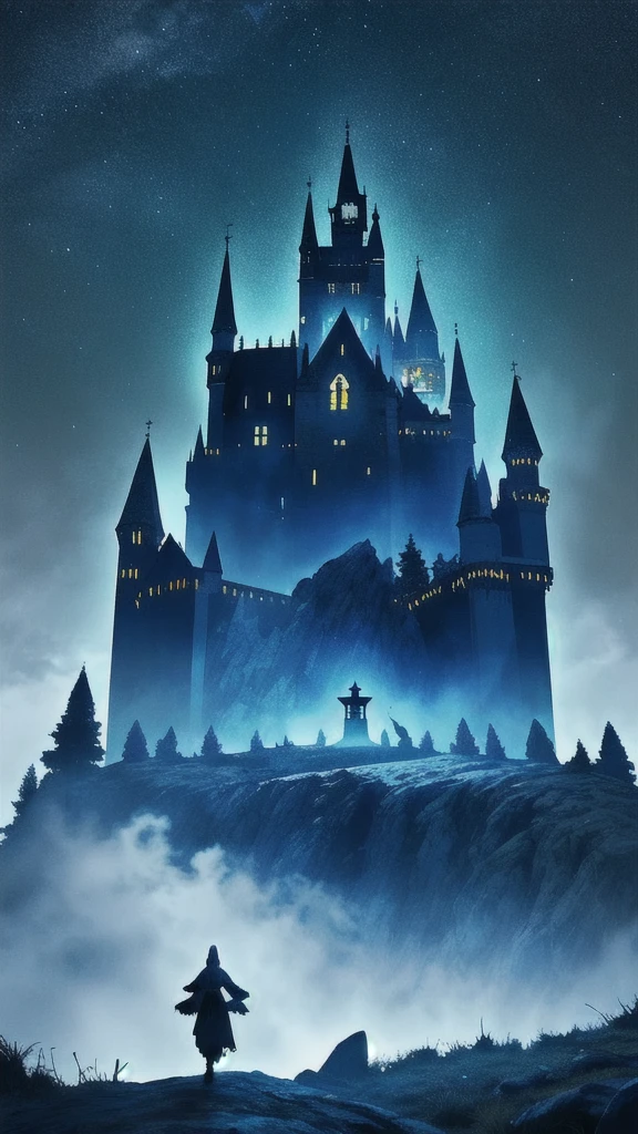 movie scene. Escena nocturna. Old castle on top of the mountain with gothic look. Ambiente color azul oscuro. Neblina blanca. BOsque oscuro alrededor