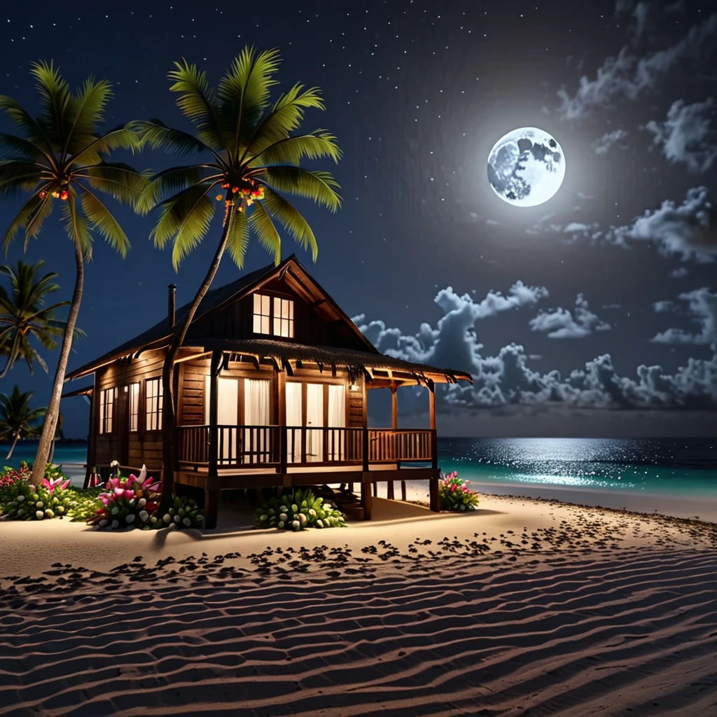 ultra realistic ultra detailed ultra high resolution 32K UHD octane renderings cinematic shot,wide angle view,landscape view,low angle view,closed up view,at isolated far from people,a beautiful wooden beach small house , lots of coconut tree near the house, beautiful flower in vase,beautiful beach, beautiful seaview,night time , full moon