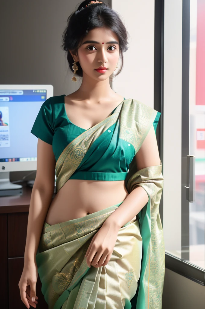artwork, best quality, candid photo, (beautiful Indian hindu girl, (wearing traditional saree), ((perfect face)), perfect big eyes, big , RTX, fluorescent lighting , casual detailed tech store background, shot on a Canon EOS R5, 85mm lens, F1.4 aperture, (hyperdetailed, intricate detail), realistic texture, photorealistic, HDR, 8k, absurd, cinestill 800, up in sharp focus