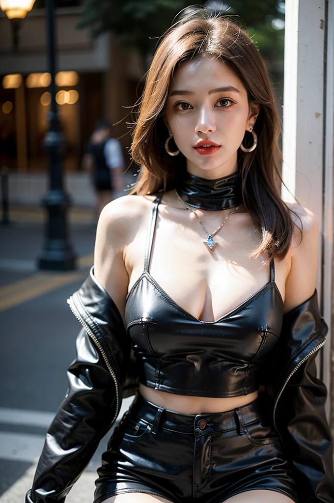 beautiful女孩大学生,masterpiece,Light makeup,Red lips,Silver Hair,Messy long hair,Street background,beautiful,grace。Extremely fine details,Work,Real texture,Realistic lighting,完美的Work,8K,HD,Exquisite facial features,Leather Black Bodycon Turtleneck Top,Black leather shorts,Slim body,Big bright eyes,earrings,necklace
