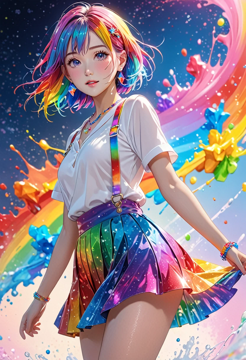 anime, 1 girl, japanese, full body picture, standing, posing for a picture, masterpiece,High resolution,8K,Art,digit,Three-dimensional,Realism,Kyoto Animation Style,your name movie style, ((Paint splashes,splash of color, Ink splash)),looking into camera,Soft Light,Glowing skin,(1 female: 1.3),(alone: 1.4),(((colorful hair))),((Colorful suspender skirt)),(Rainbow crystal hair clip),(Rainbow crystal small necklace),(Rainbow crystal small earrings),(Rainbow crystal bracelet),(Rainbow crystal ring),Long eyelashes,Slender legs,Short Bob,Close-up of upper body,Close-up,close view,colorful background,(Eyes as deep as the starry sky),(Shut up),(blush),(shy),(lovely and delicate)