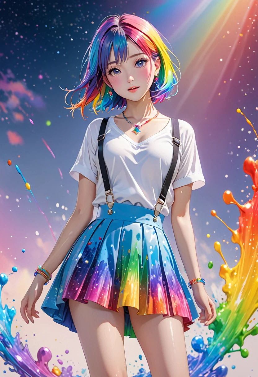 anime, 1 girl, japanese, full body picture, standing, posing for a picture, masterpiece,High resolution,8K,Art,digit,Three-dimensional,Realism,Kyoto Animation Style,your name movie style, ((Paint splashes,splash of color, Ink splash)),looking into camera,Soft Light,Glowing skin,(1 female: 1.3),(alone: 1.4),(((colorful hair))),((Colorful suspender skirt)),(Rainbow crystal hair clip),(Rainbow crystal small necklace),(Rainbow crystal small earrings),(Rainbow crystal bracelet),(Rainbow crystal ring),Long eyelashes,Slender legs,Short Bob,Close-up of upper body,Close-up,close view,colorful background,(Eyes as deep as the starry sky),(Shut up),(blush),(shy),(lovely and delicate)