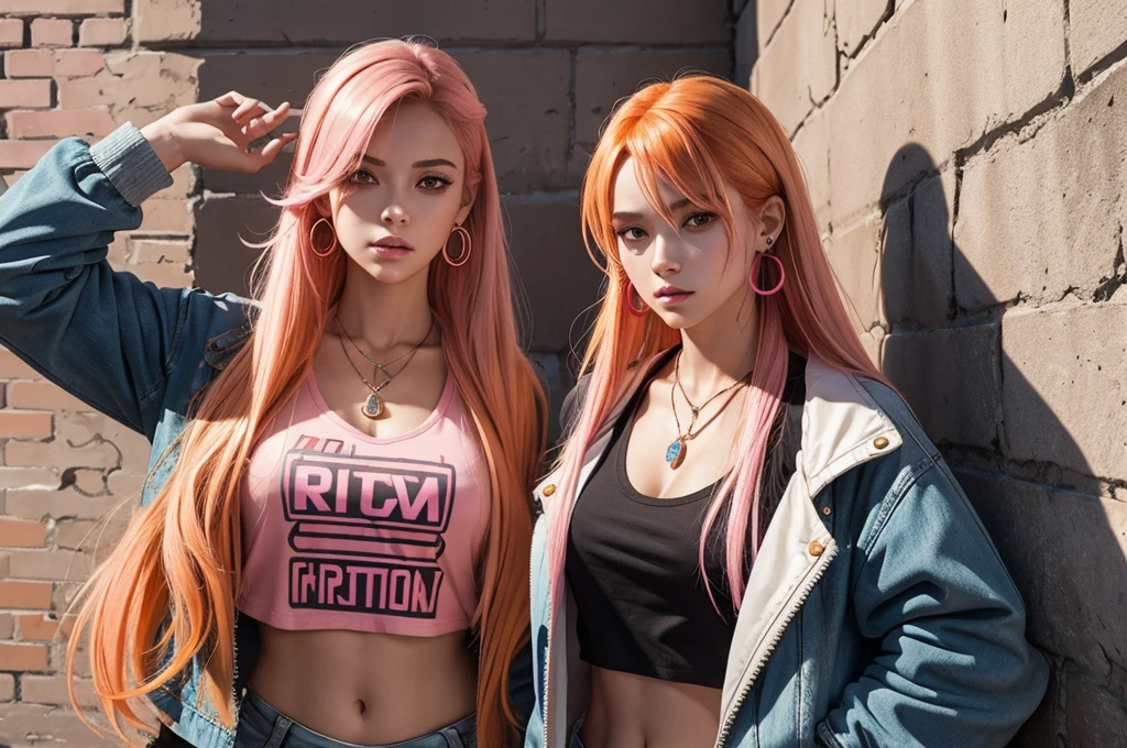 (masterpiece, Best quality, 1 girl, One, complex parts, Chromatic aberration), realistic, ((average breathing)),long hair, orange hair, Decoration on the head, pink highlights, hair over one eye, Earrings, keen eyes, necklace, neon shirt, Open jacket, crop top, (eye symmetry),(perfect symmetrical body),near the wall, Brick wall, graffiti, dim lighting, lane ,look at the viewer