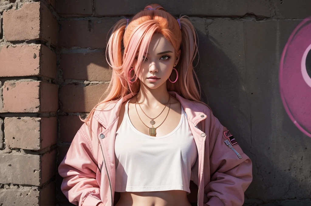 (masterpiece, Best quality, 1 girl, One, complex parts, Chromatic aberration), realistic, ((average breathing)),long hair, orange hair, Decoration on the head, pink highlights, hair over one eye, Earrings, keen eyes, necklace, neon shirt, Open jacket, crop top, (eye symmetry),(perfect symmetrical body),near the wall, Brick wall, graffiti, dim lighting, lane ,look at the viewer