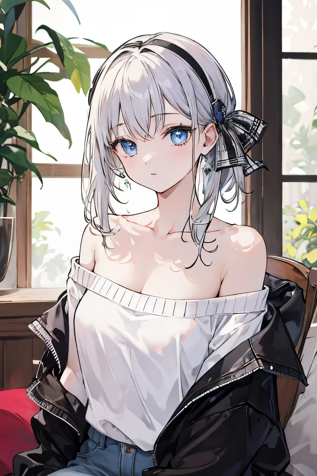 ((best quality)), ((masterpiece)), (detailed), 1 Girl, Off-shoulder sweater,