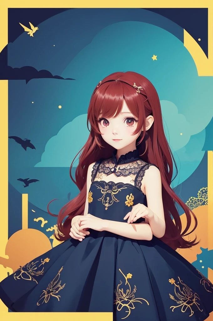chibi,Anime illustration, Adorable woman, vibrant red straight hair, elegant styling, chic black dress with subtle lace and embroidery details, cute and stylish appearance, Anime illustration,big and bright eyes in striking golden yellow with simple yet charming details, Anime illustration,flat color palette throughout, deep navy blue background with soft gradients for depth, Anime illustration,minimalistic presentation focusing on her charming features! ,Anime illustration,two dimensional image