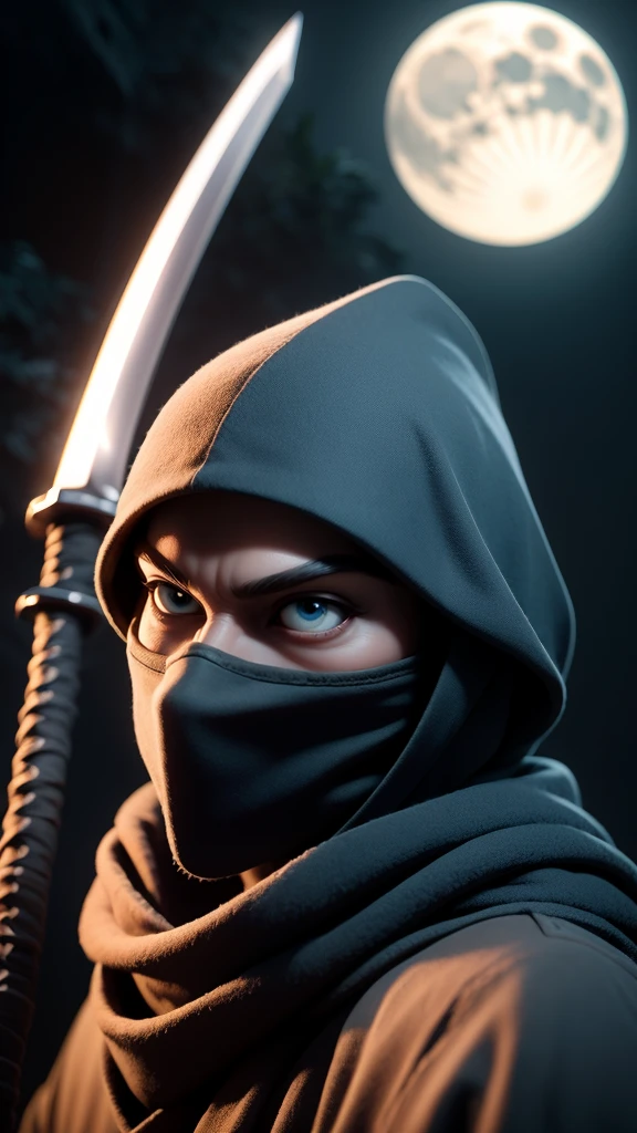 a ninja warrior in the night, detailed face, beautiful blue eyes, katana sword, dark ninja outfit, ninja mask, moonlight, dramatic lighting, dark fantasy, cinematic composition, moody atmosphere, highly detailed, 8k, photorealistic